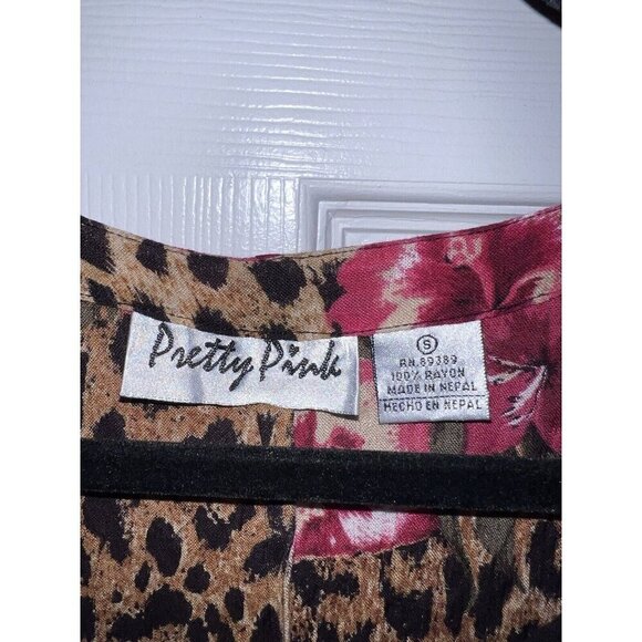 Vintage PRETTY PINK Short Sleeve Crinkle Animal Print Maxi Dress Gypsy 90s - Picture 6 of 11